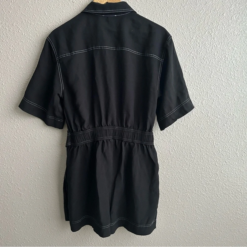 Bar III Black With White Seams Short Sleeve Belted Utility Button Up Romper‎